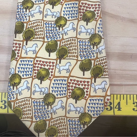*2/$60* Salvatore Ferragamo Yellow Horse and Farm Silk Tie - Picture 10 of 12